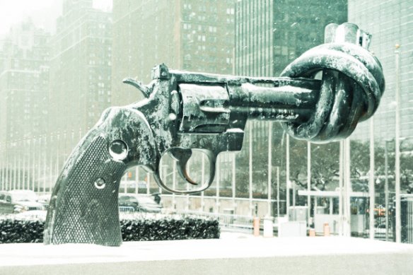 he sculpture “Non-Violence” in front of the United Nations building in New York. Courtesy of Luke Redmond/Flickr.