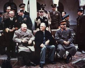 "Yalta summit 1945 with Churchill, Roosevelt, Stalin" by [1] The source web page include the following caption: Photo #: USA C-543 (Color). Licensed under Public Domain via Wikimedia Commons - http://commons.wikimedia.org/wiki/File:Yalta_summit_1945_with_Churchill,_Roosevelt,_Stalin.jpg#mediaviewer/File:Yalta_summit_1945_with_Churchill,_Roosevelt,_Stalin.jpg