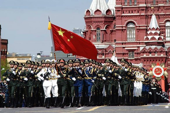 Chinese troops marching on the Red Square.