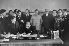 Japanese Foreign Minister Matsuoka signing Soviet-Japanese Neutrality Pact.