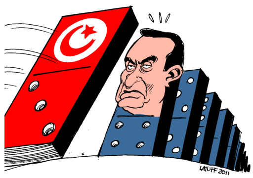 Hosni Mubarak facing the Tunisian domino effect. Carlos Latuff 2011.